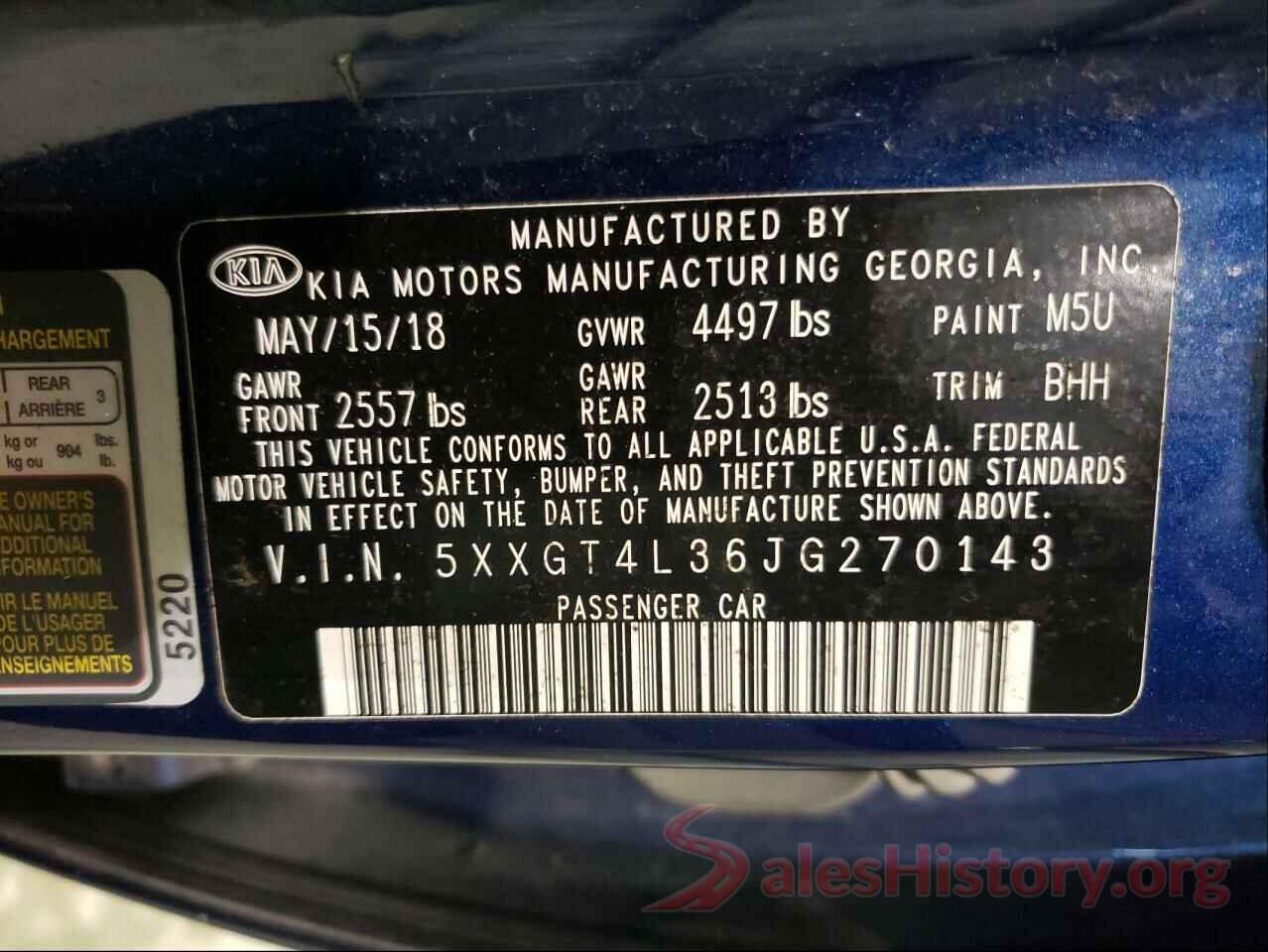 5XXGT4L36JG270143 2018 KIA OPTIMA