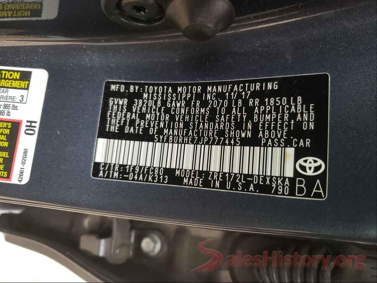 5YFBURHE7JP777445 2018 TOYOTA COROLLA