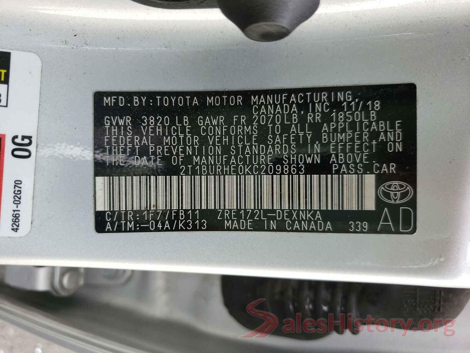 2T1BURHE0KC209863 2019 TOYOTA COROLLA