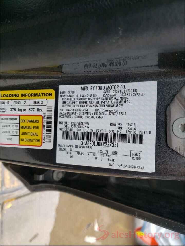 3FA6P0LU0KR257351 2019 FORD FUSION