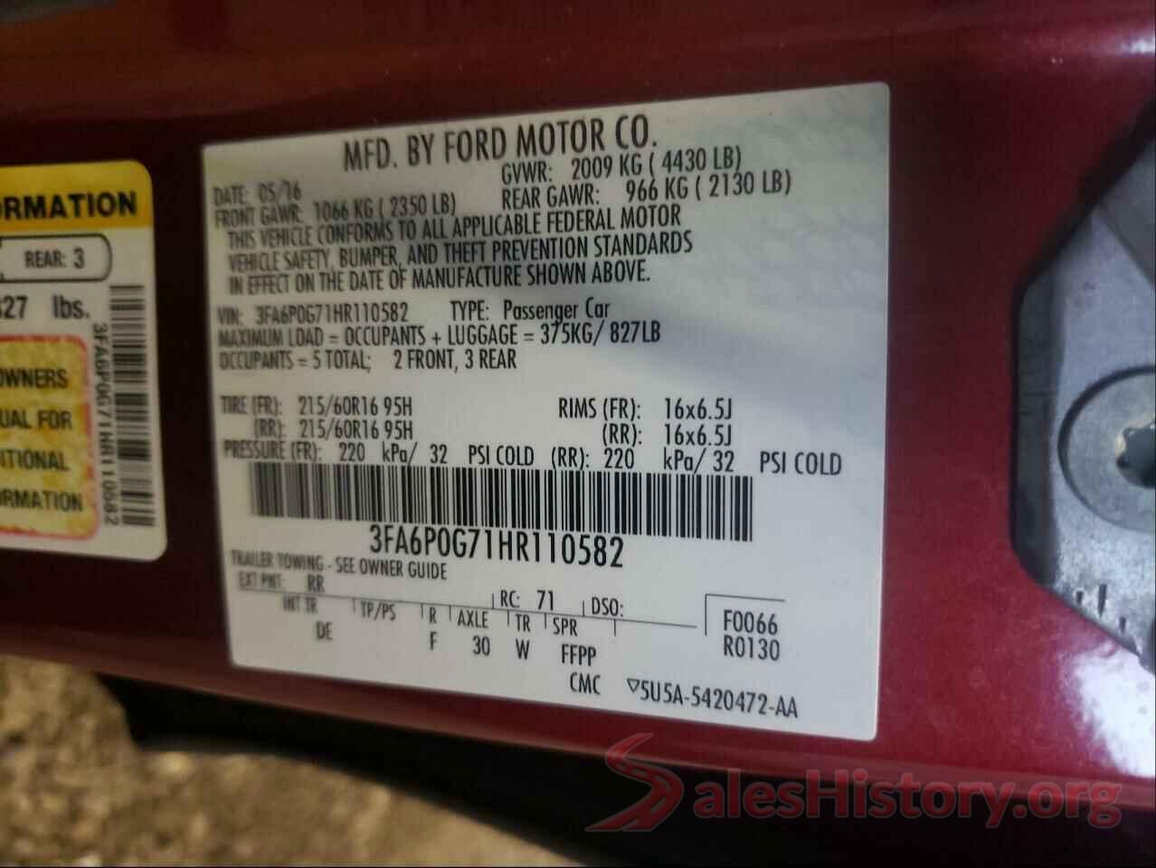 3FA6P0G71HR110582 2017 FORD FUSION