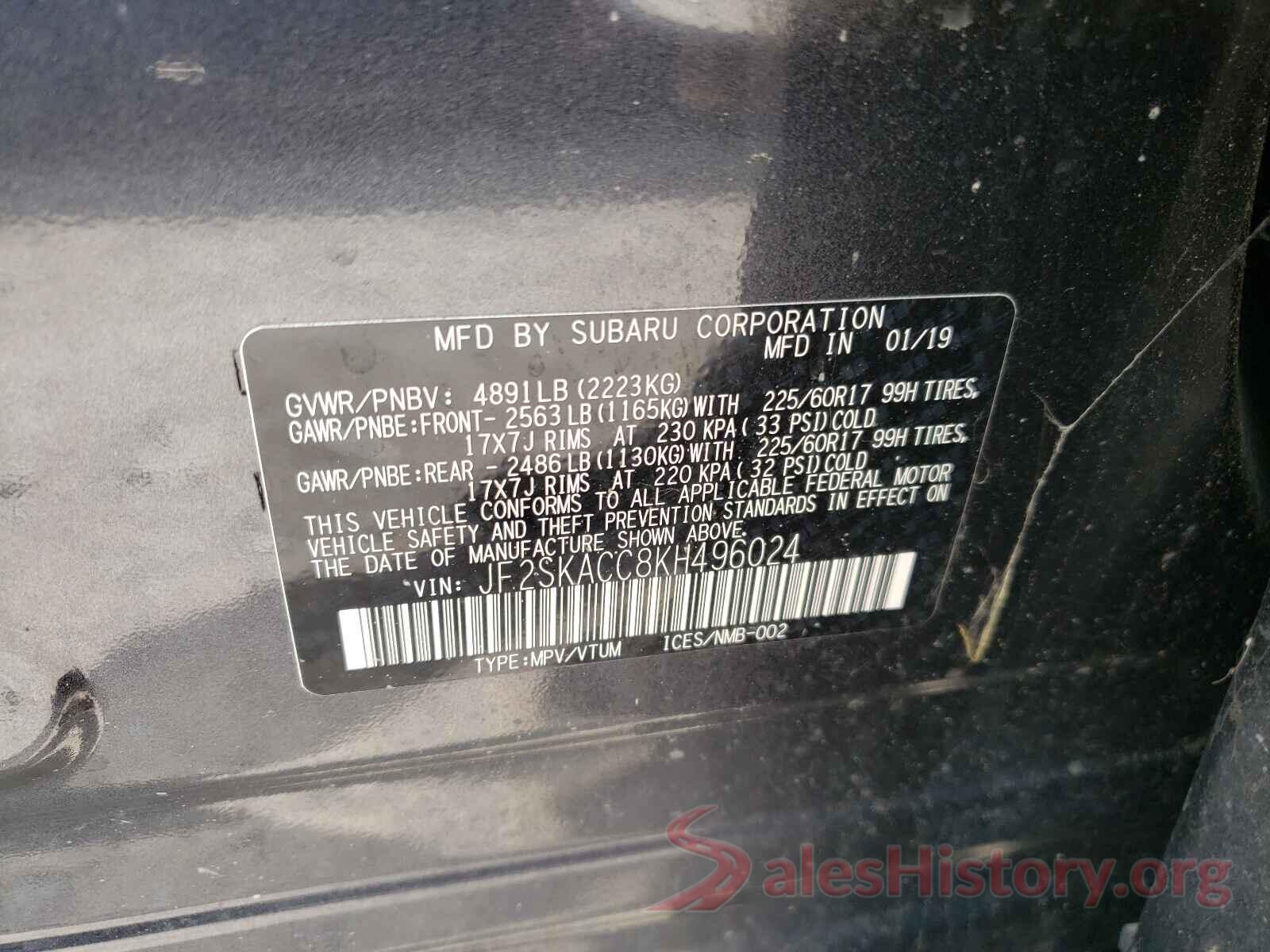 JF2SKACC8KH496024 2019 SUBARU FORESTER