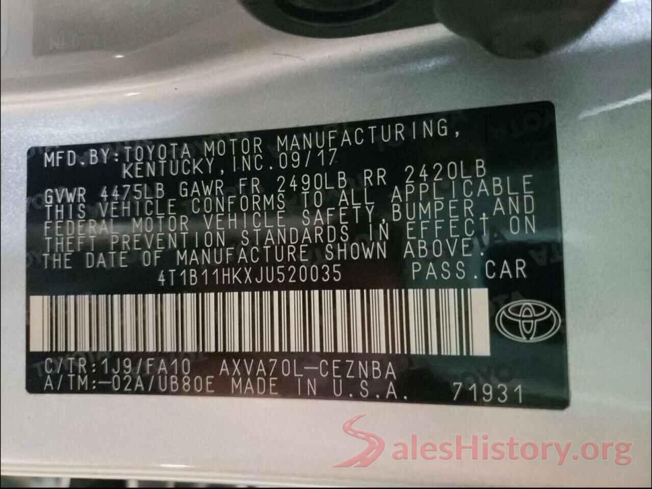 4T1B11HKXJU520035 2018 TOYOTA CAMRY