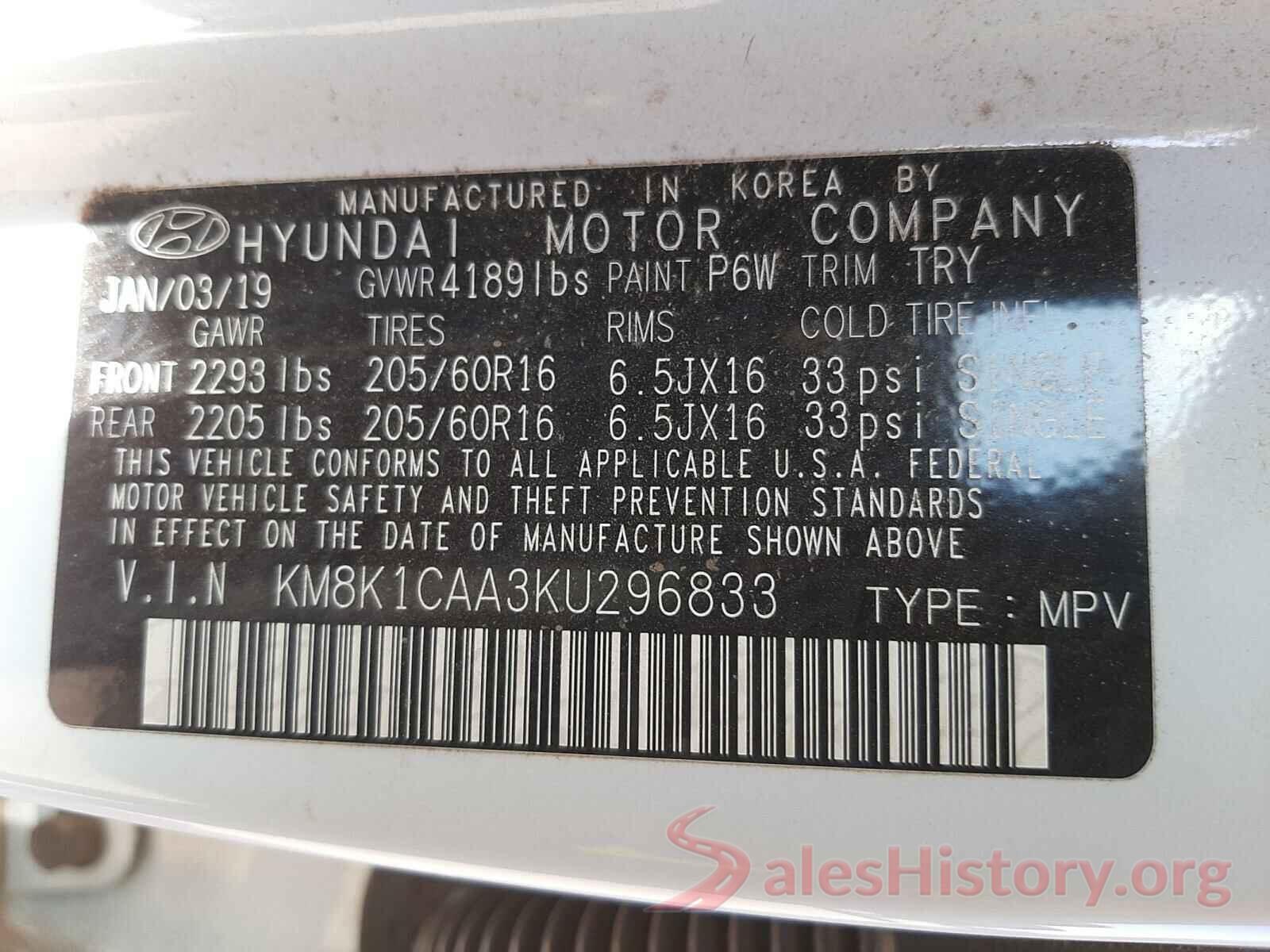 KM8K1CAA3KU296833 2019 HYUNDAI KONA