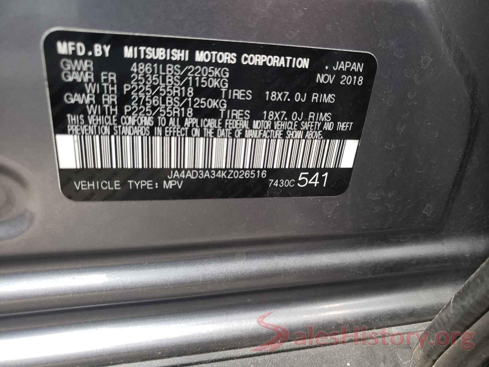 JA4AD3A34KZ026516 2019 MITSUBISHI OUTLANDER