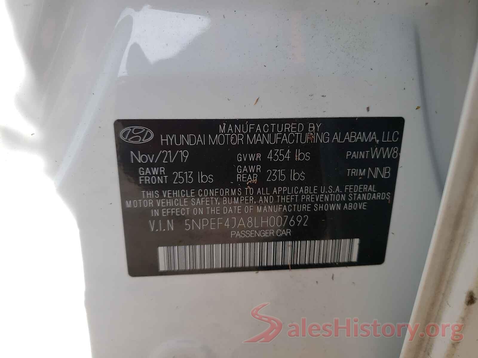 5NPEF4JA8LH007692 2020 HYUNDAI SONATA