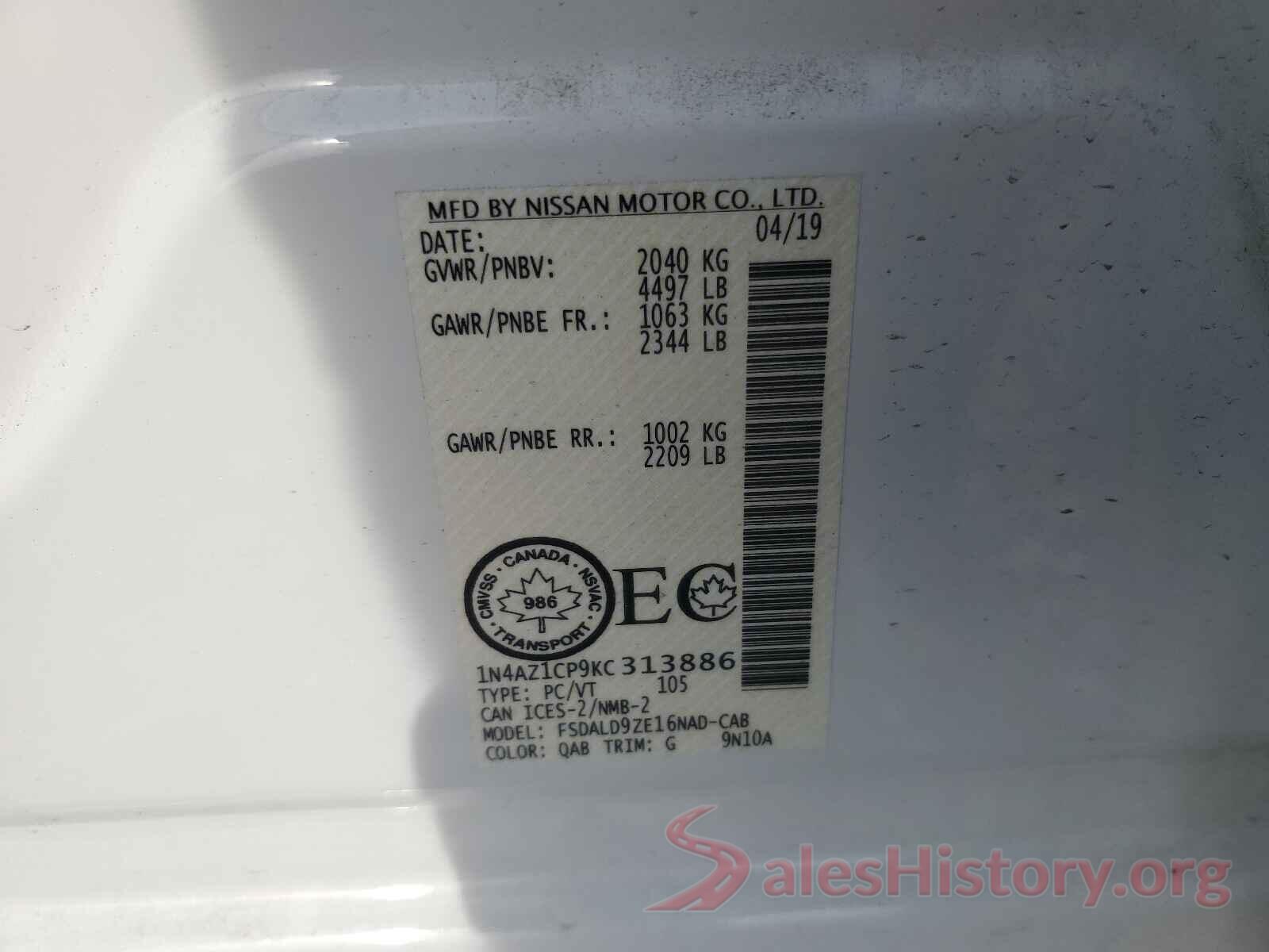 1N4AZ1CP9KC313886 2019 NISSAN LEAF