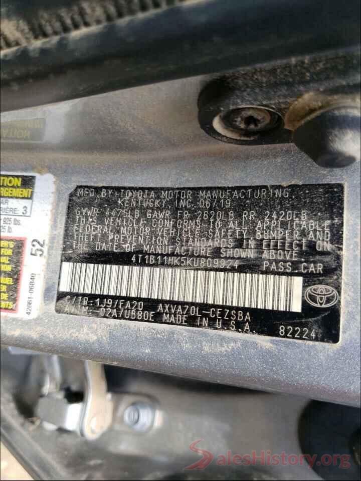 4T1B11HK5KU809924 2019 TOYOTA CAMRY