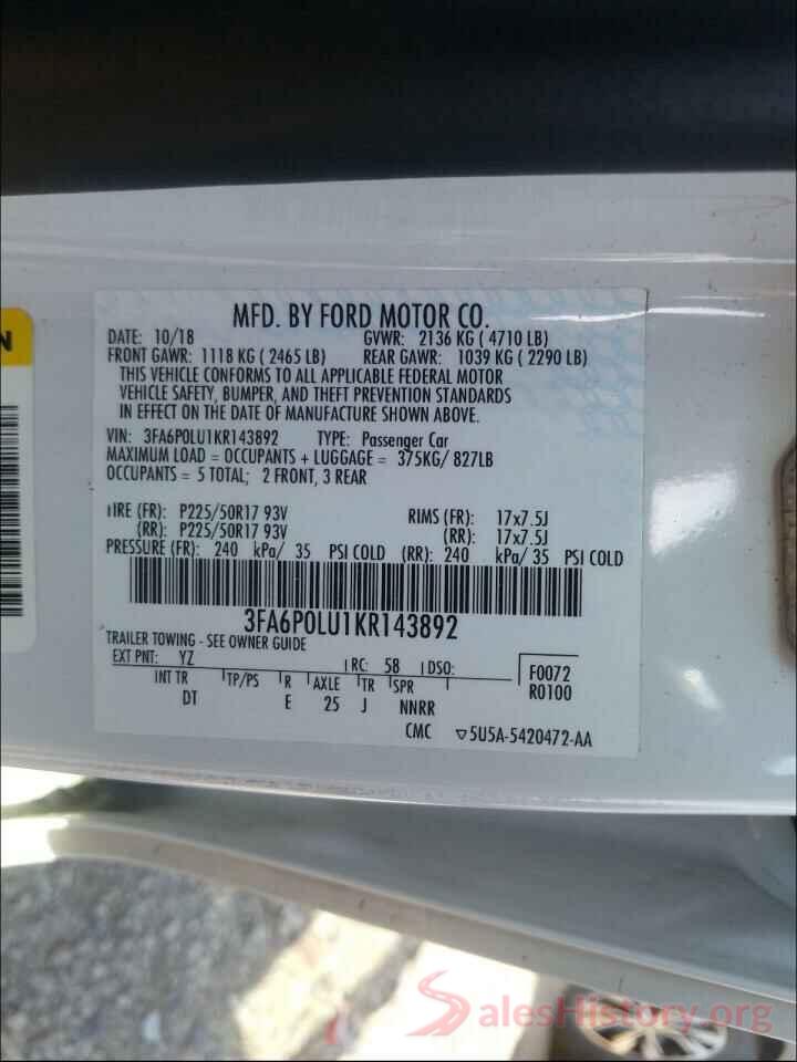 3FA6P0LU1KR143892 2019 FORD FUSION