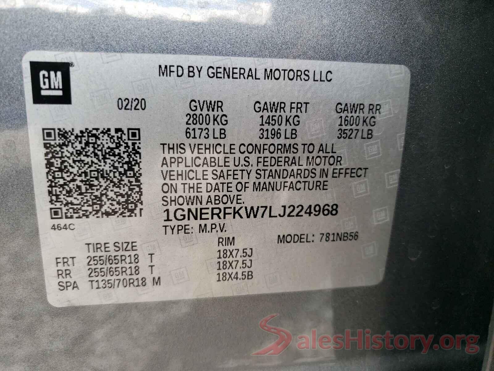 1GNERFKW7LJ224968 2020 CHEVROLET TRAVERSE