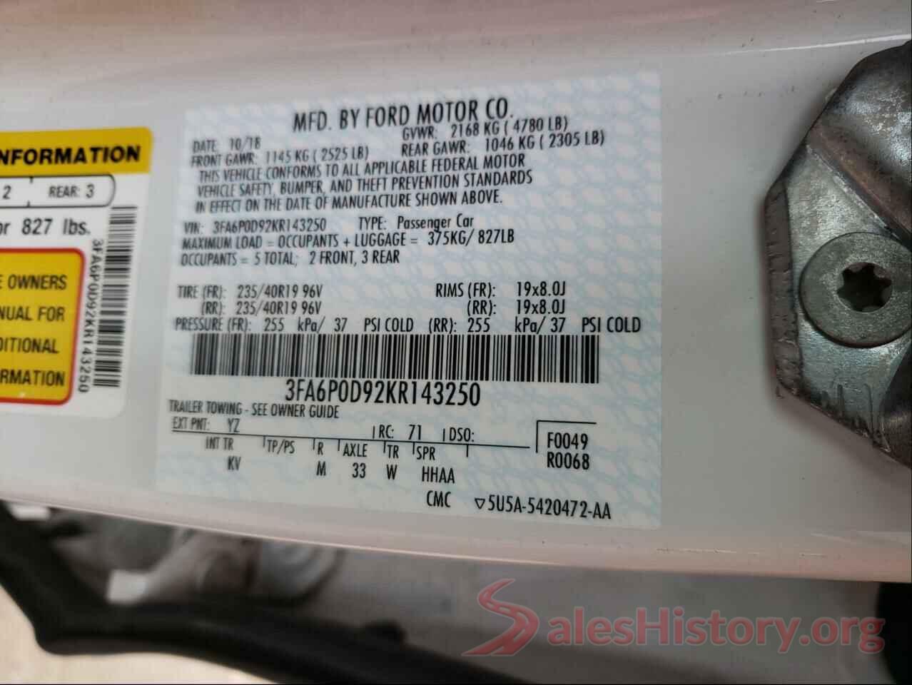 3FA6P0D92KR143250 2019 FORD FUSION