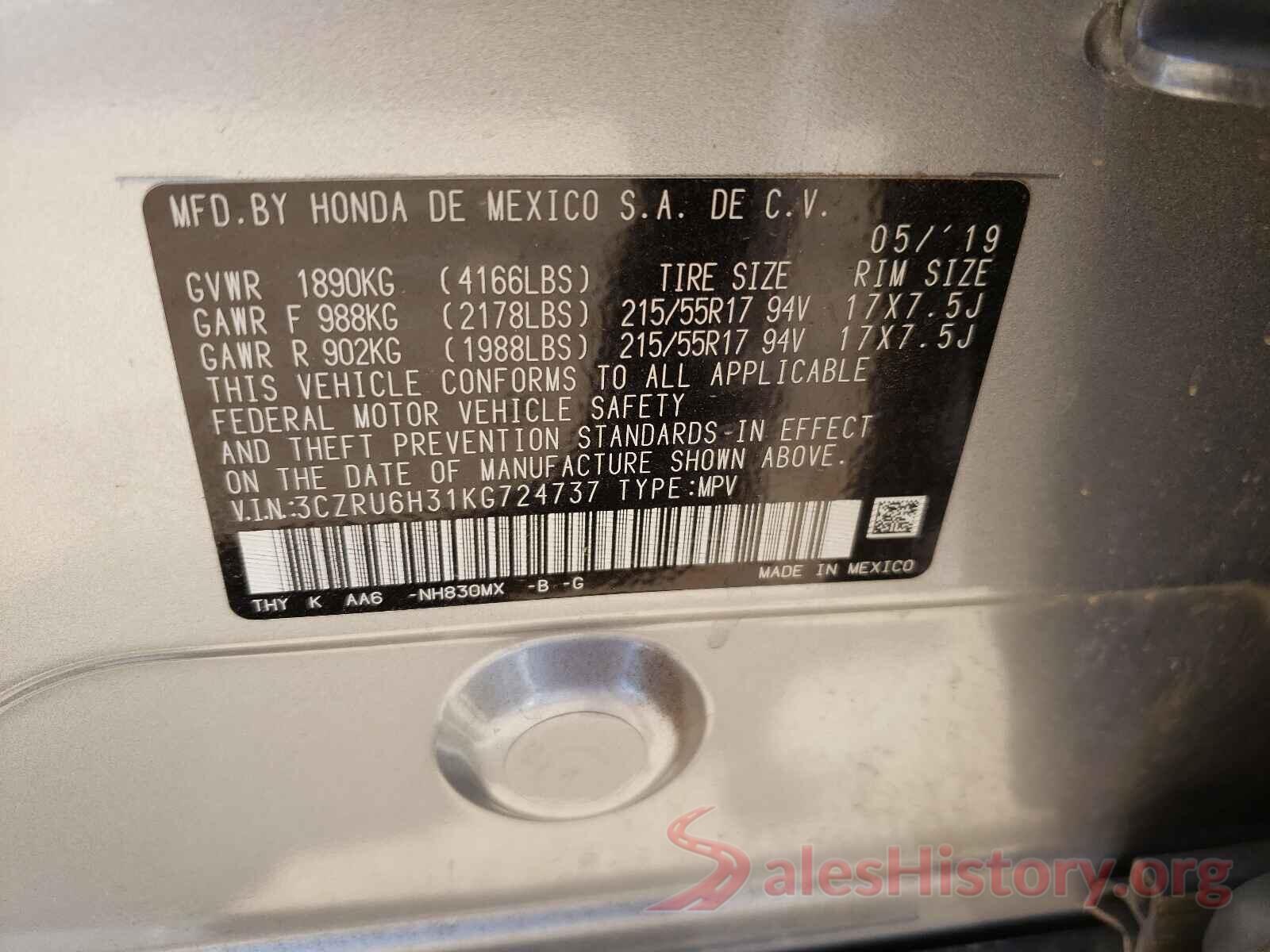 3CZRU6H31KG724737 2019 HONDA HR-V