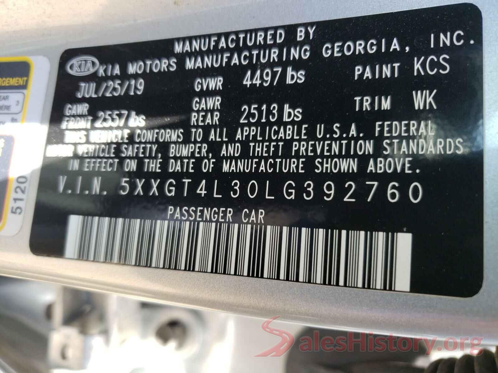 5XXGT4L30LG392760 2020 KIA OPTIMA