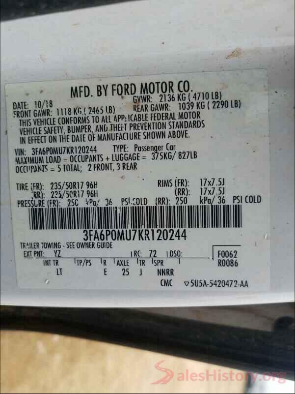 3FA6P0MU7KR120244 2019 FORD FUSION