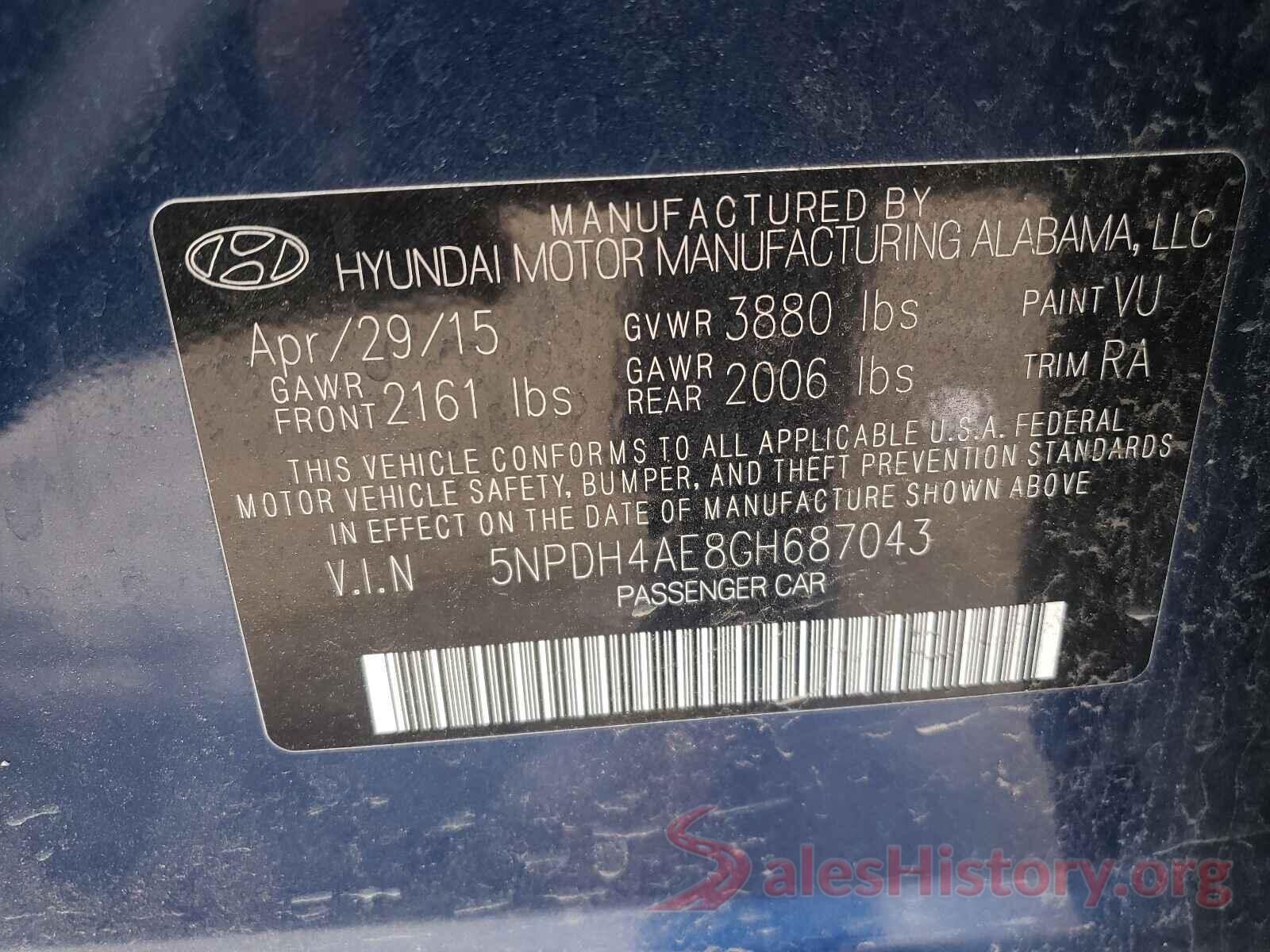 5NPDH4AE8GH687043 2016 HYUNDAI ELANTRA