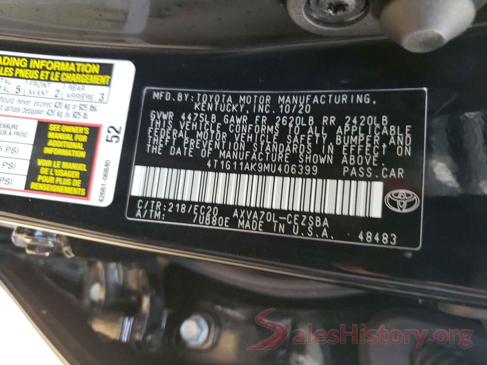 4T1G11AK9MU406399 2021 TOYOTA CAMRY