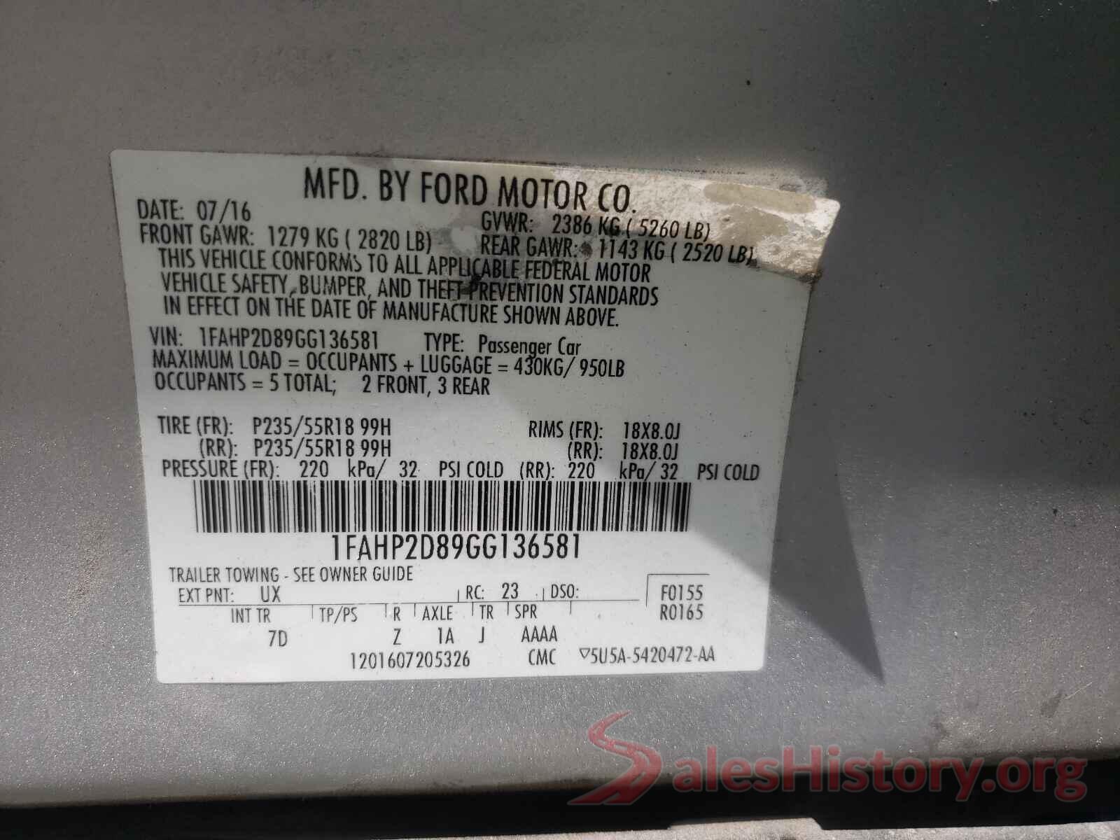 1FAHP2D89GG136581 2016 FORD TAURUS