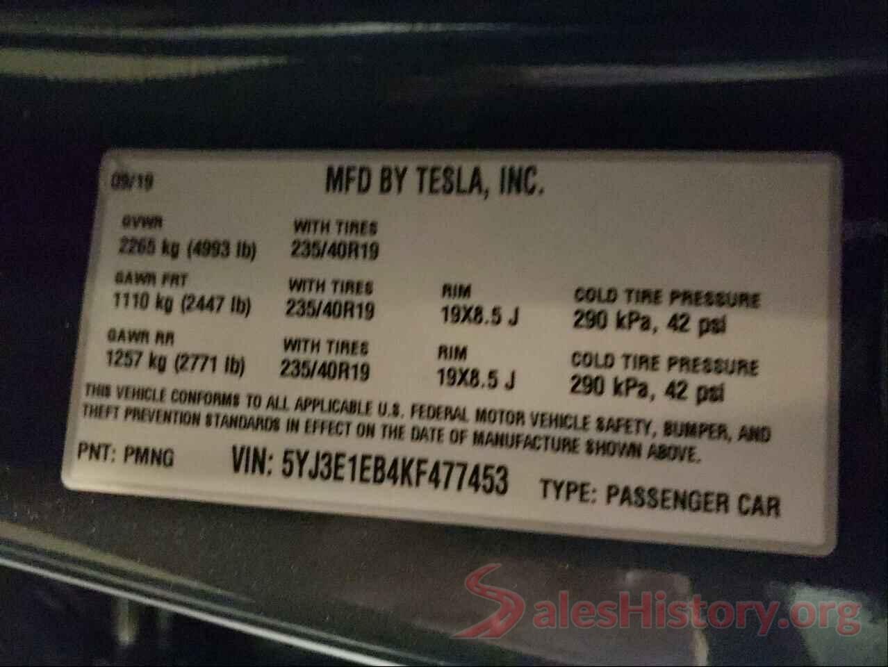 5YJ3E1EB4KF477453 2019 TESLA MODEL 3