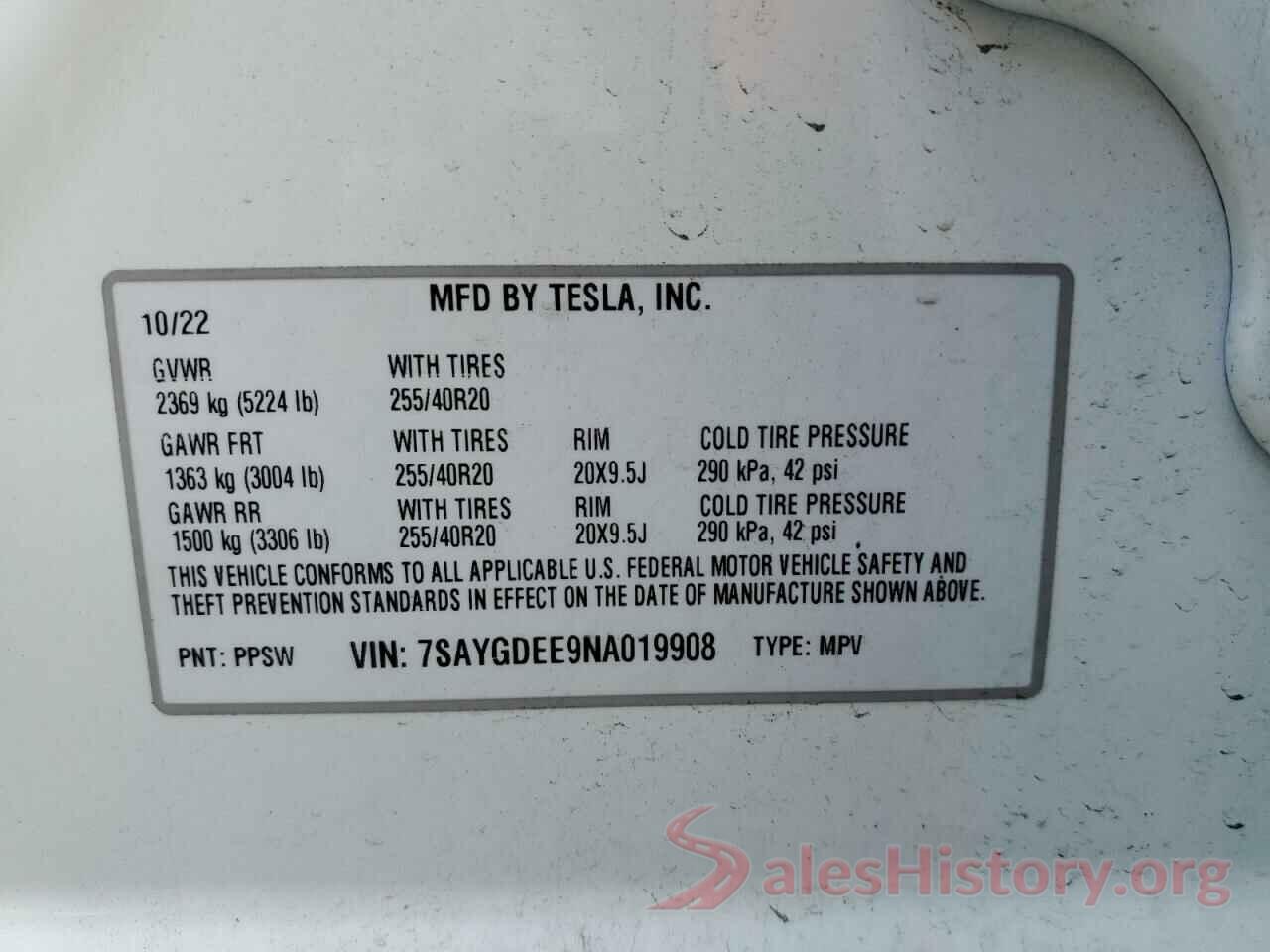 7SAYGDEE9NA019908 2022 TESLA MODEL Y