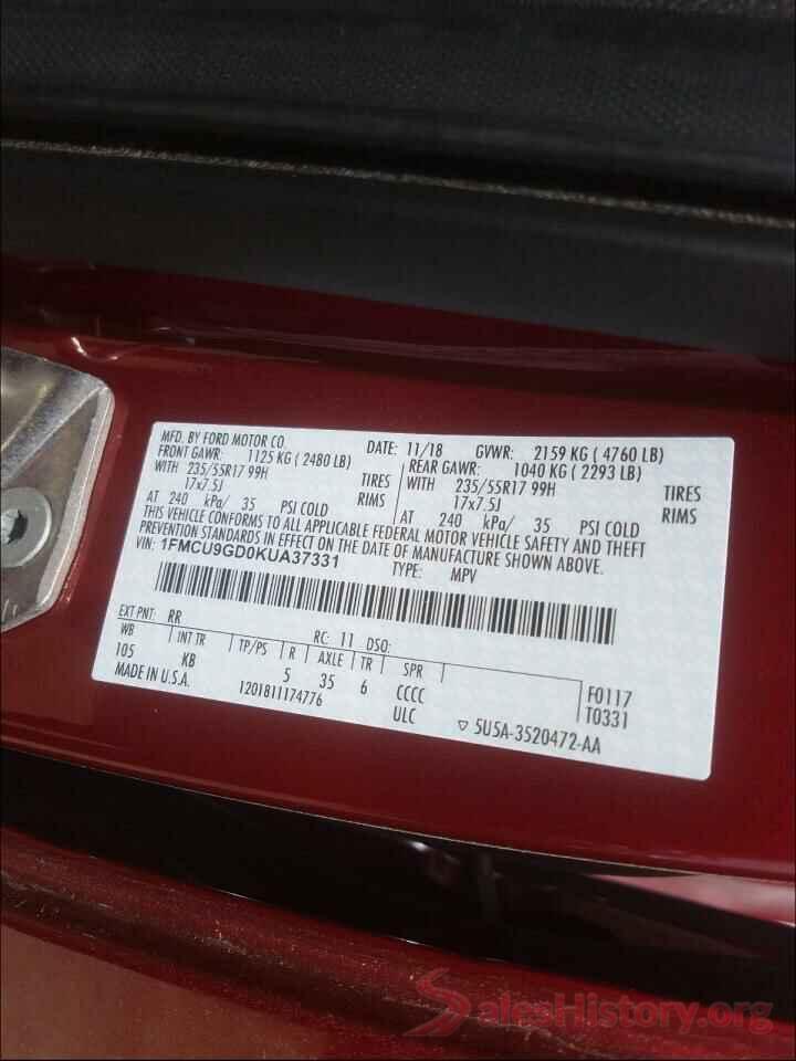 1FMCU9GD0KUA37331 2019 FORD ESCAPE