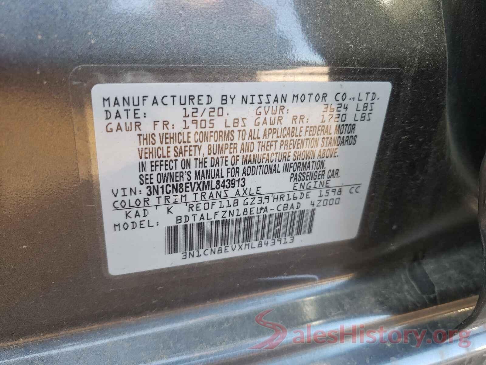 3N1CN8EVXML843913 2021 NISSAN VERSA