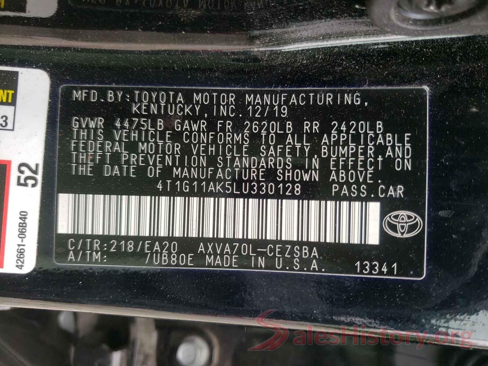 4T1G11AK5LU330128 2020 TOYOTA CAMRY