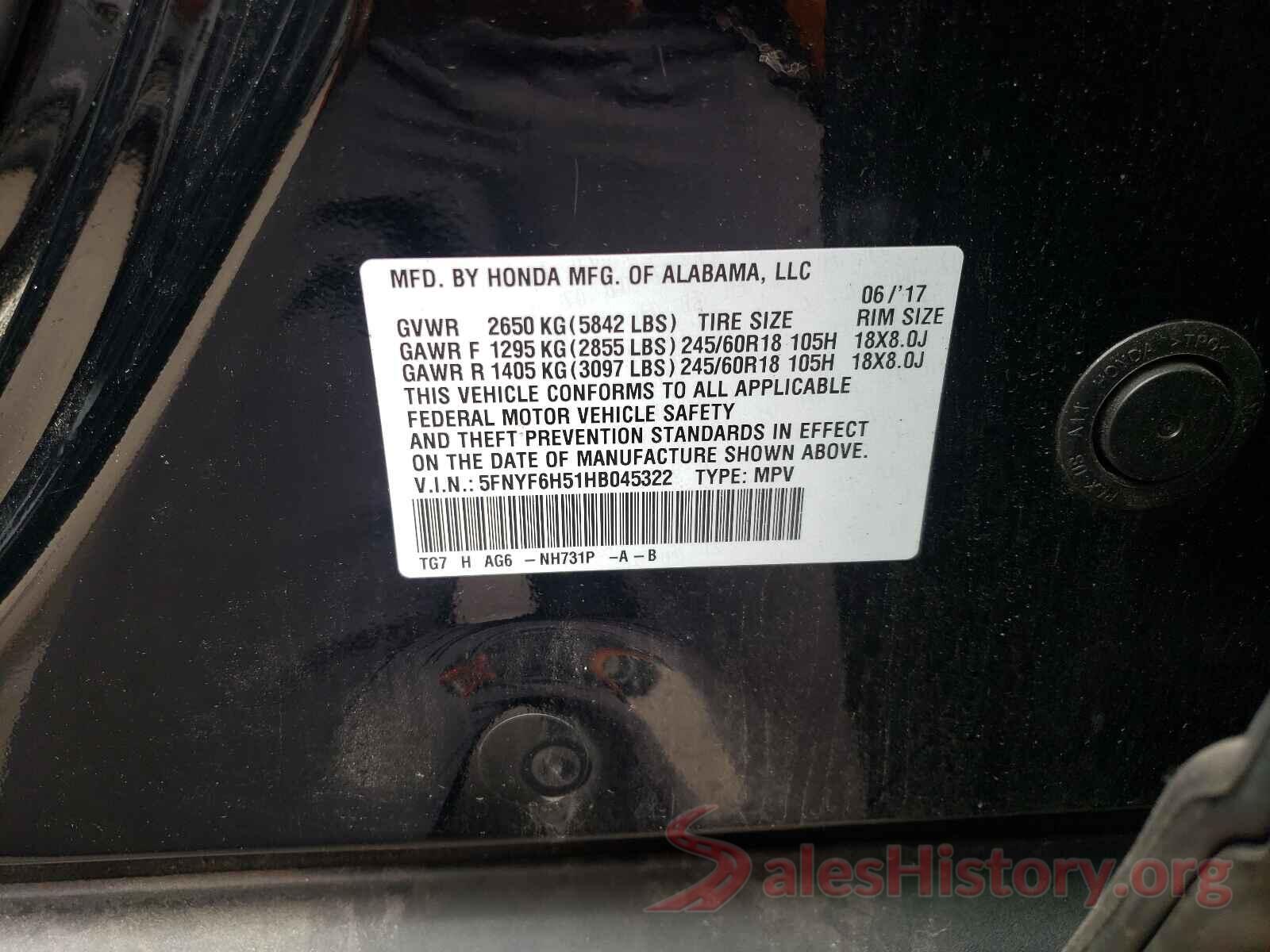 5FNYF6H51HB045322 2017 HONDA PILOT