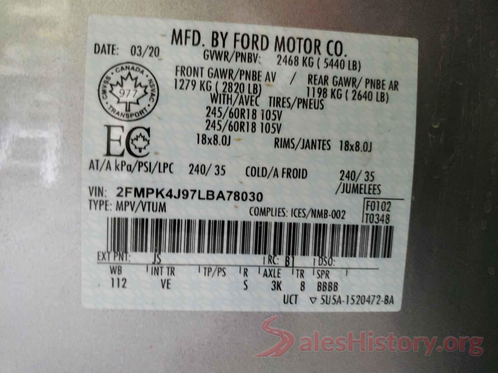 2FMPK4J97LBA78030 2020 FORD EDGE