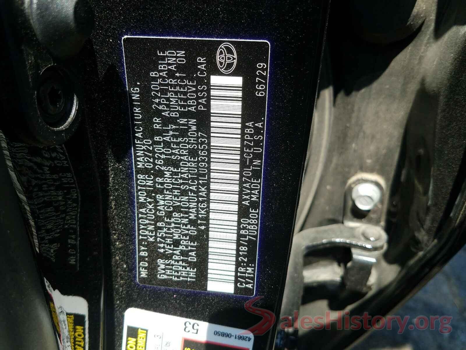 4T1K61AK1LU936537 2020 TOYOTA CAMRY