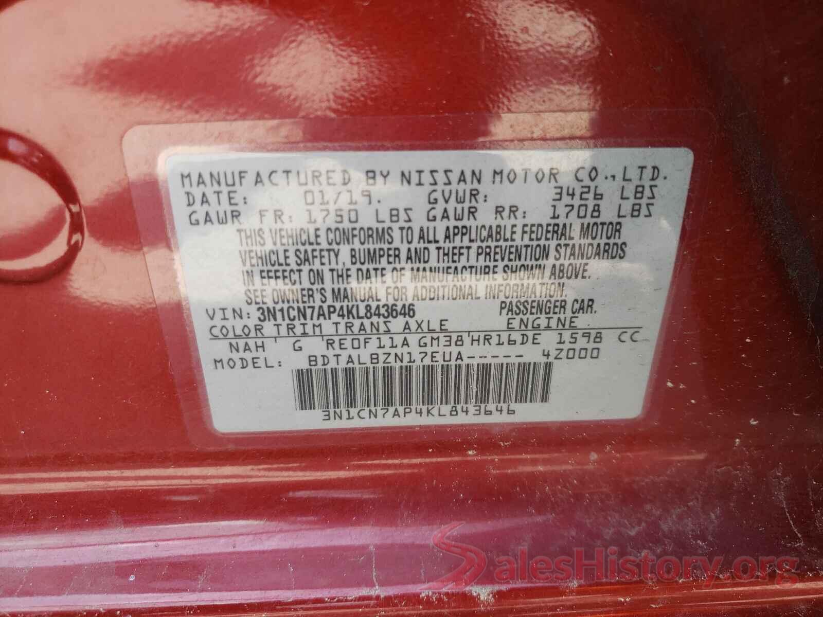 3N1CN7AP4KL843646 2019 NISSAN VERSA