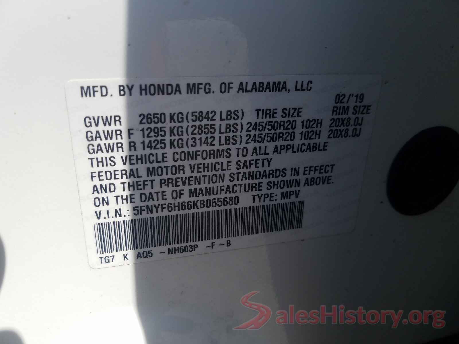 5FNYF6H66KB065680 2019 HONDA PILOT