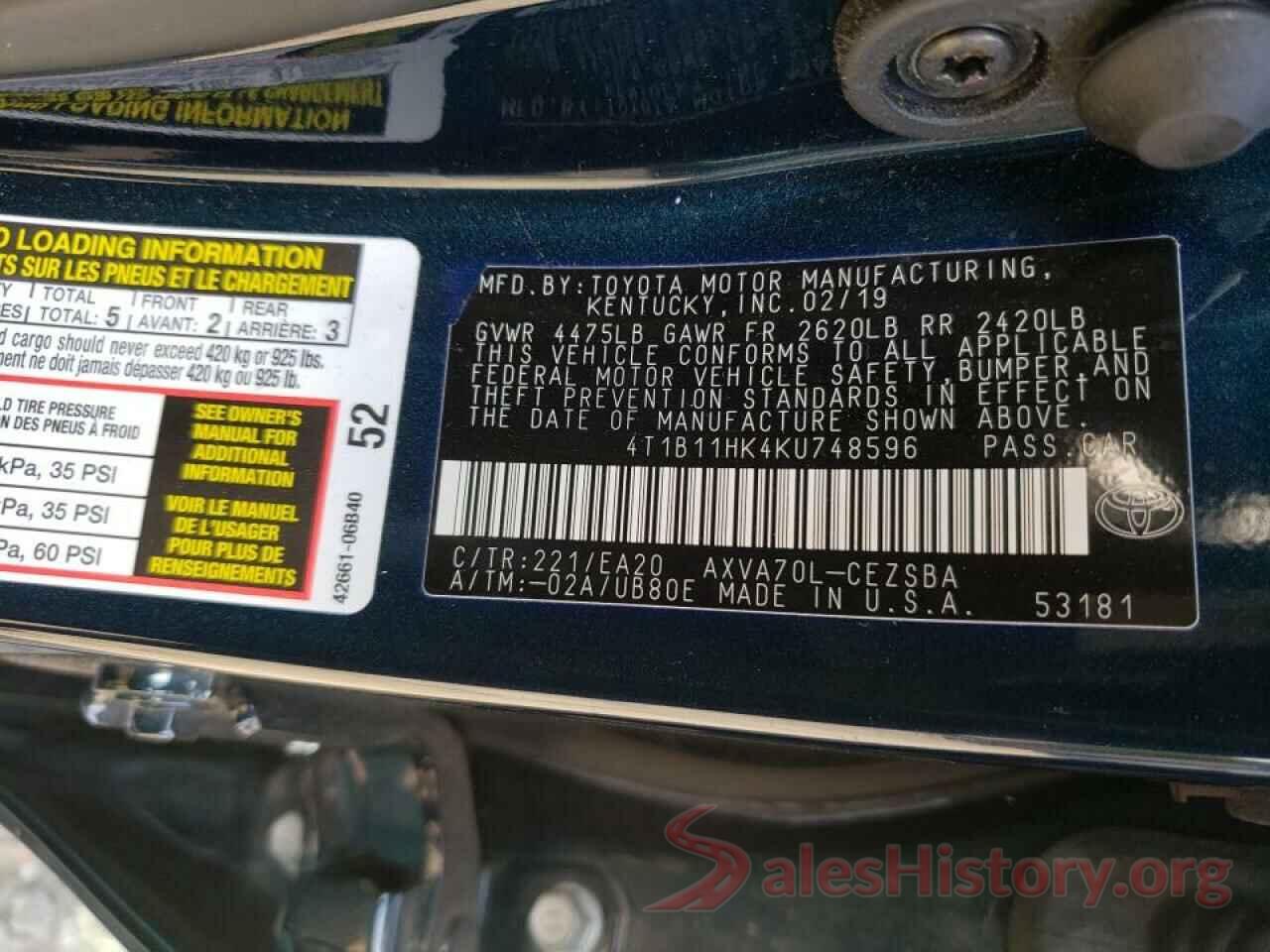 4T1B11HK4KU748596 2019 TOYOTA CAMRY