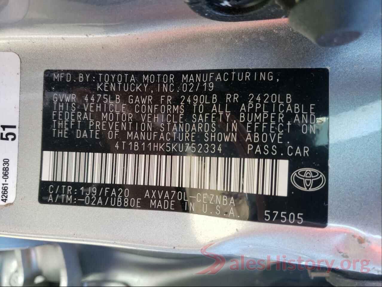 4T1B11HK5KU752334 2019 TOYOTA CAMRY