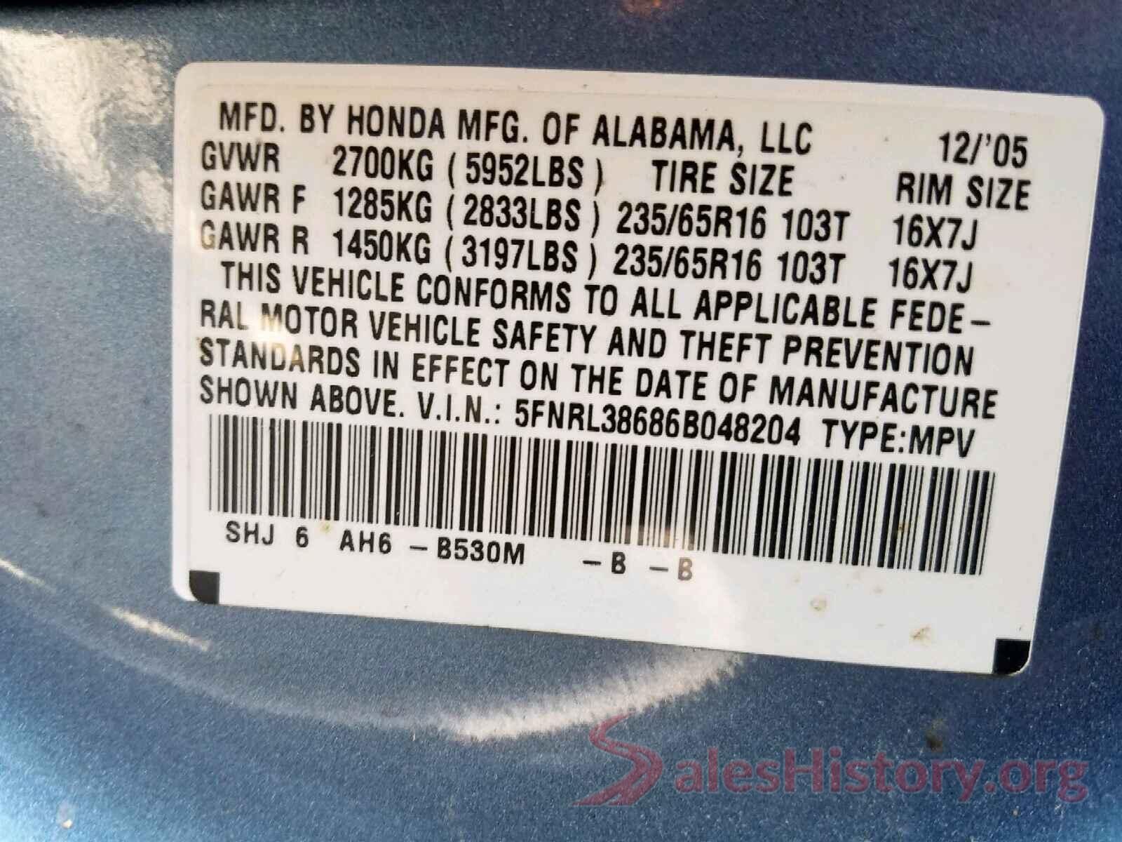 5FNRL38686B048204 2006 HONDA ODYSSEY EX