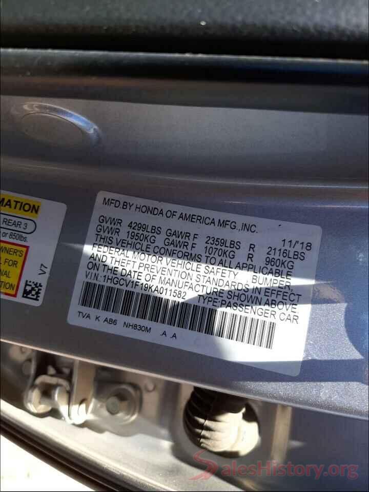 1HGCV1F19KA011582 2019 HONDA ACCORD