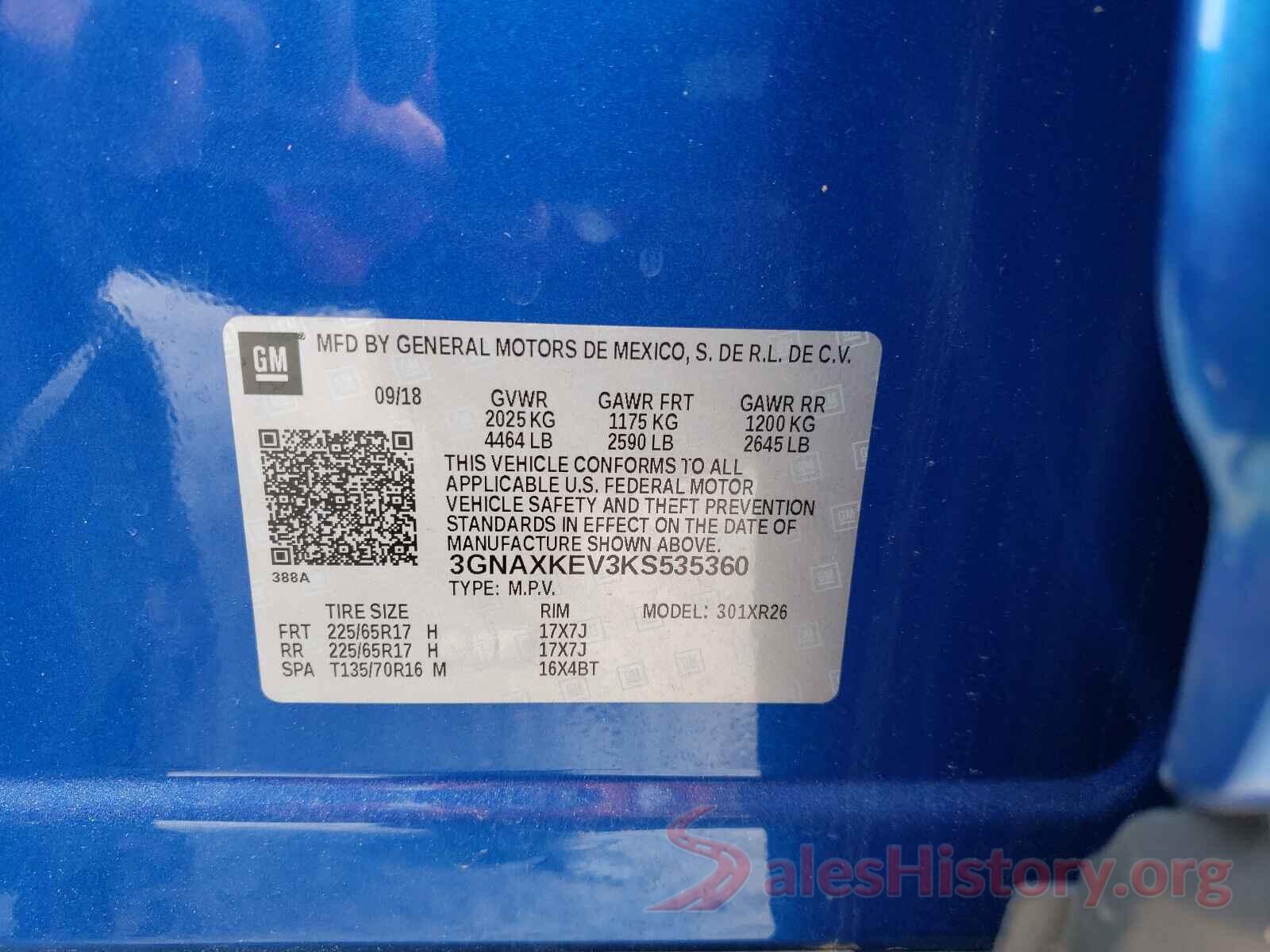 3GNAXKEV3KS535360 2019 CHEVROLET EQUINOX