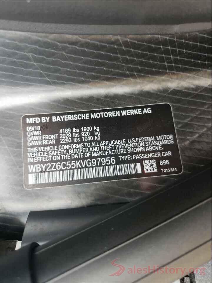 WBY2Z6C55KVG97956 2019 BMW I SERIES