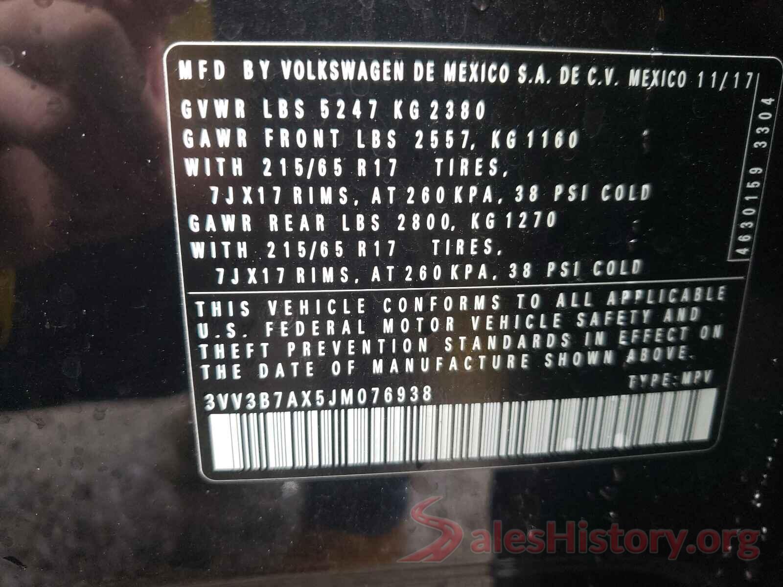 3VV3B7AX5JM076938 2018 VOLKSWAGEN TIGUAN