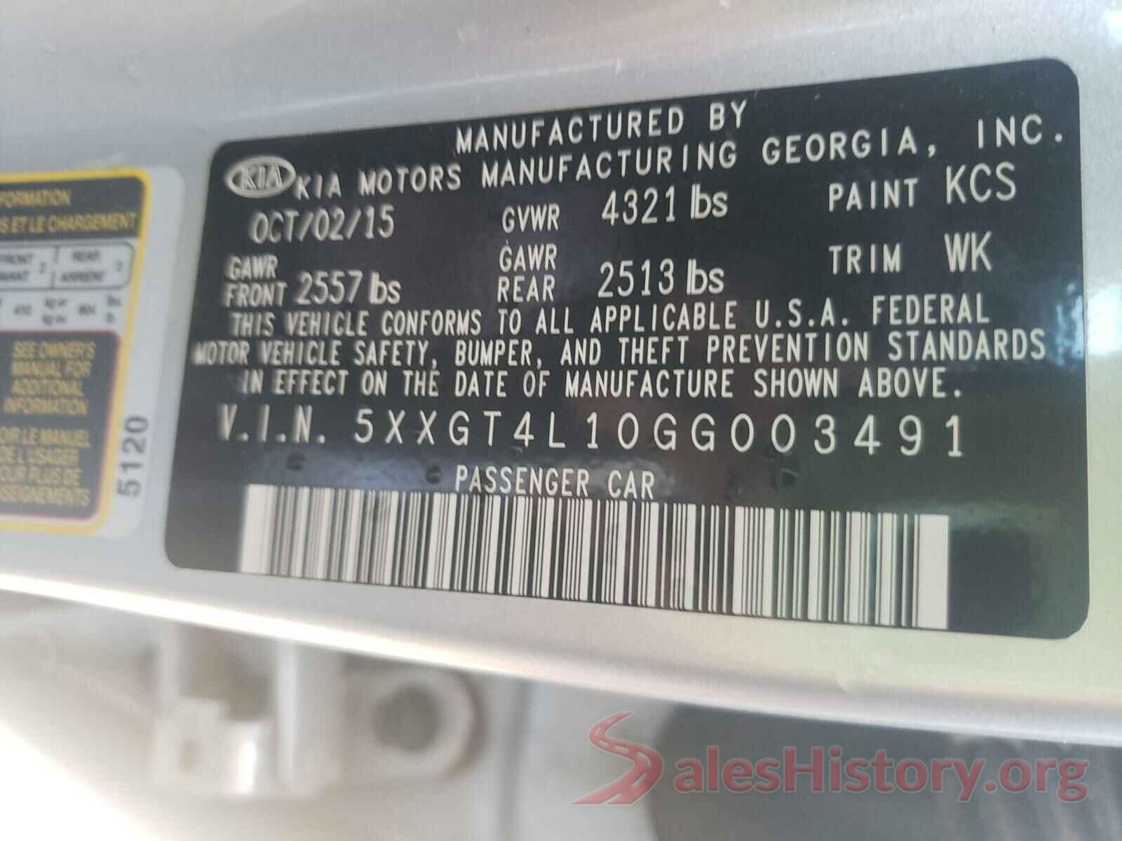 5XXGT4L10GG003491 2016 KIA OPTIMA