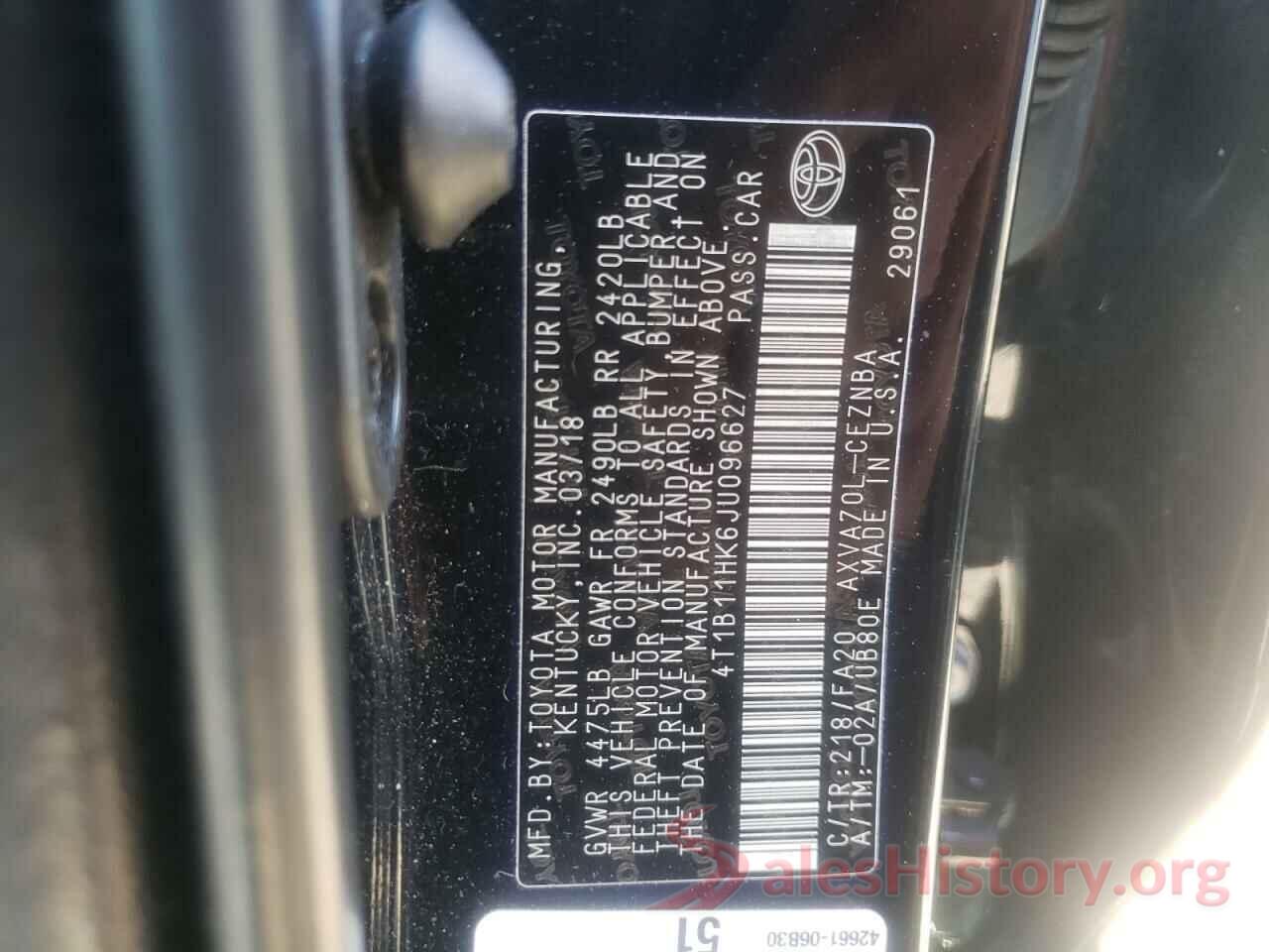 4T1B11HK6JU096627 2018 TOYOTA CAMRY