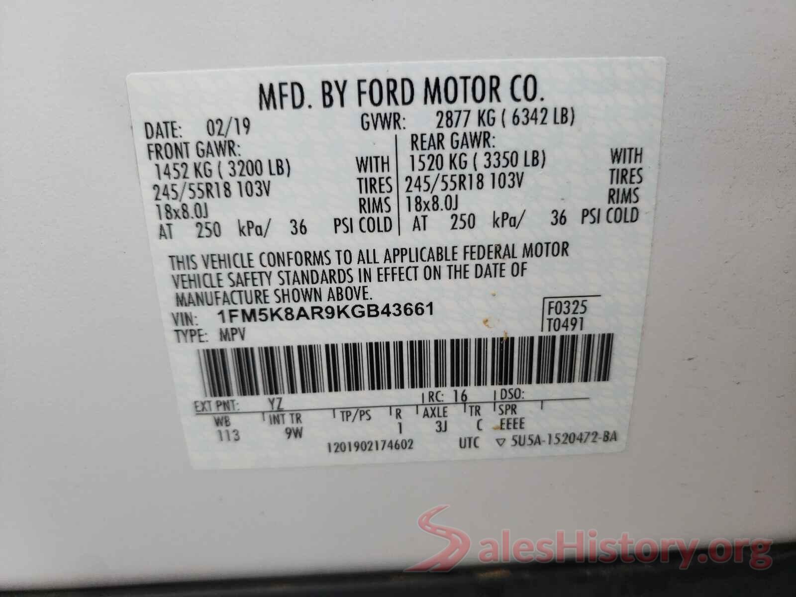 1FM5K8AR9KGB43661 2019 FORD EXPLORER