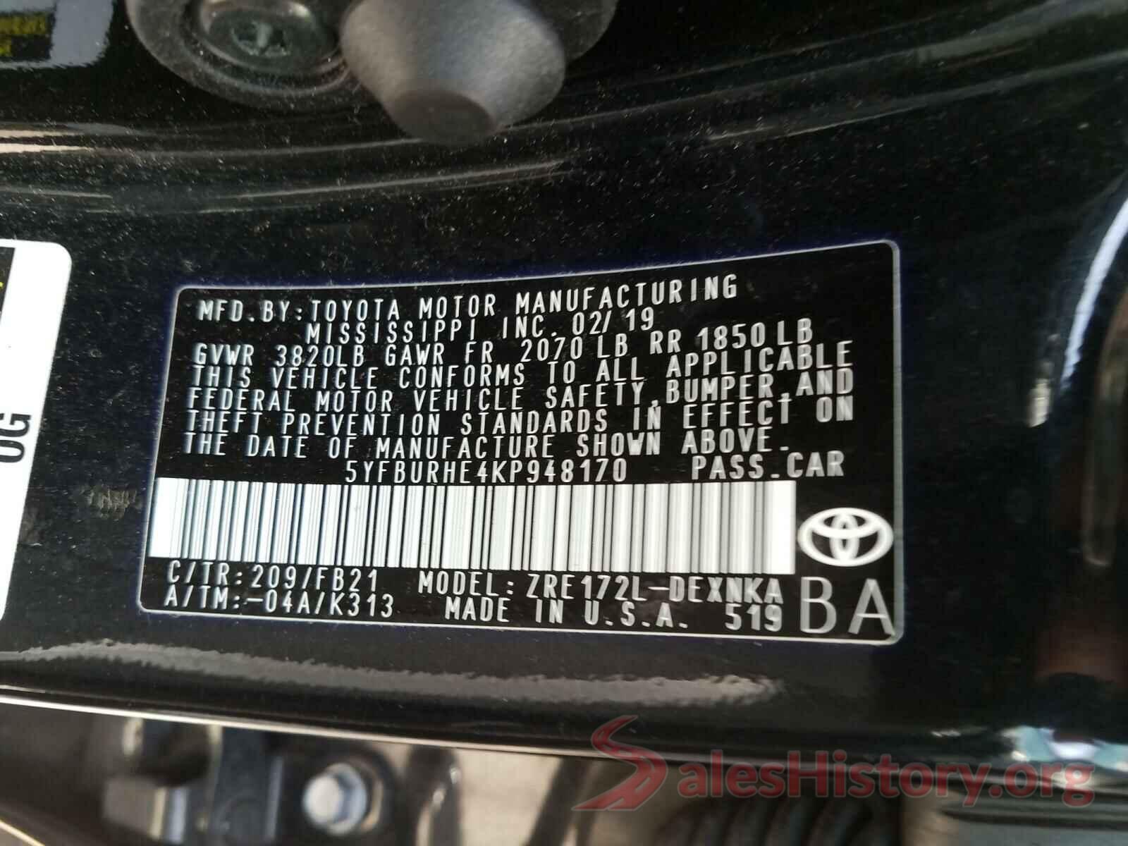 5YFBURHE4KP948170 2019 TOYOTA COROLLA