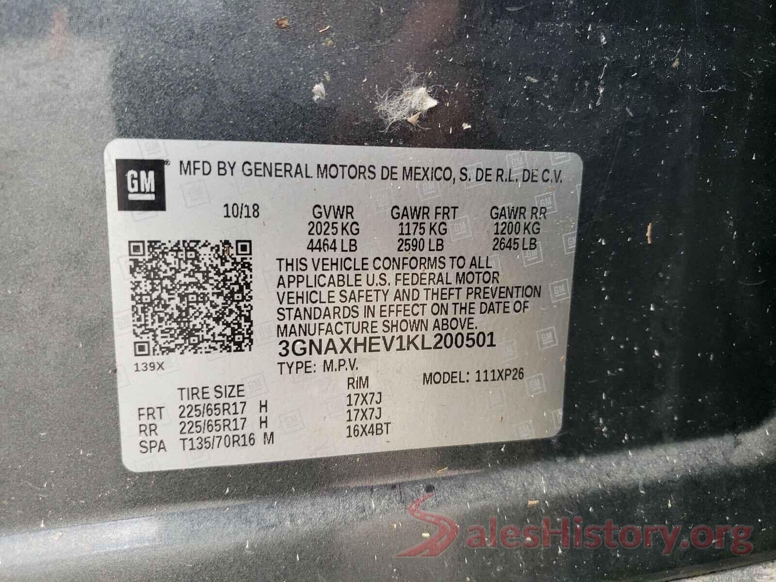 3GNAXHEV1KL200501 2019 CHEVROLET EQUINOX