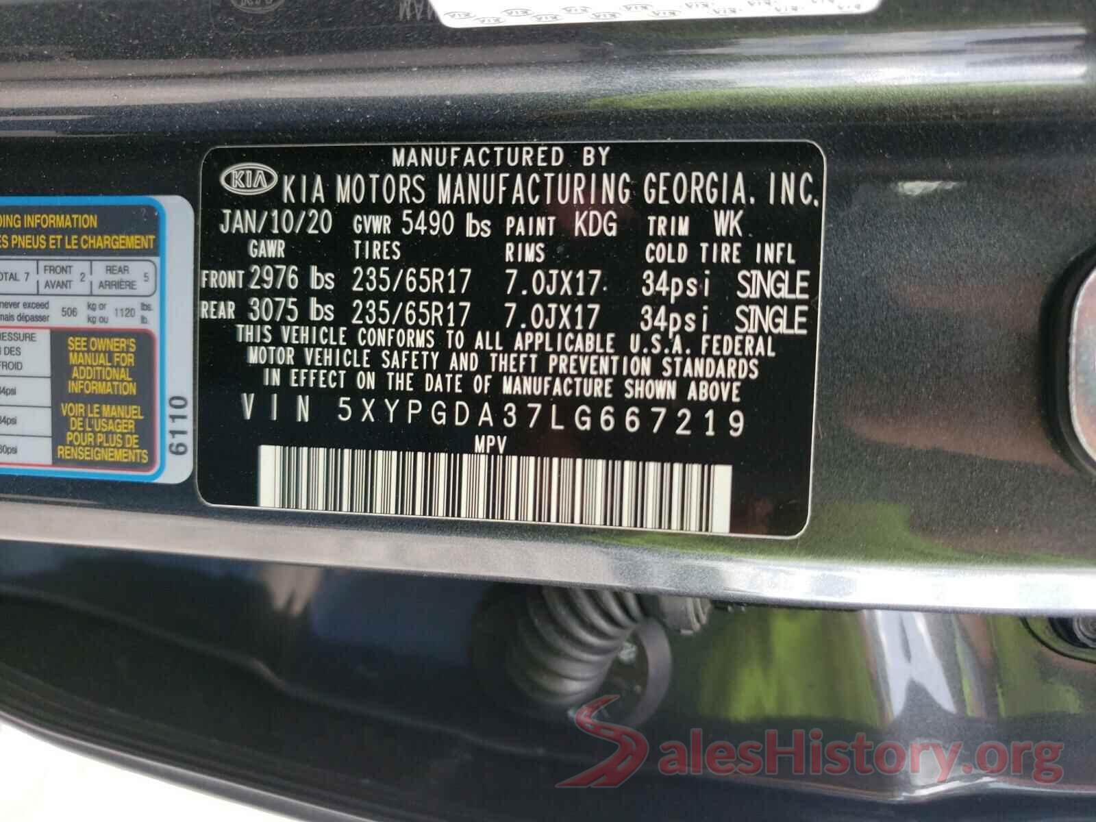 5XYPGDA37LG667219 2020 KIA SORENTO