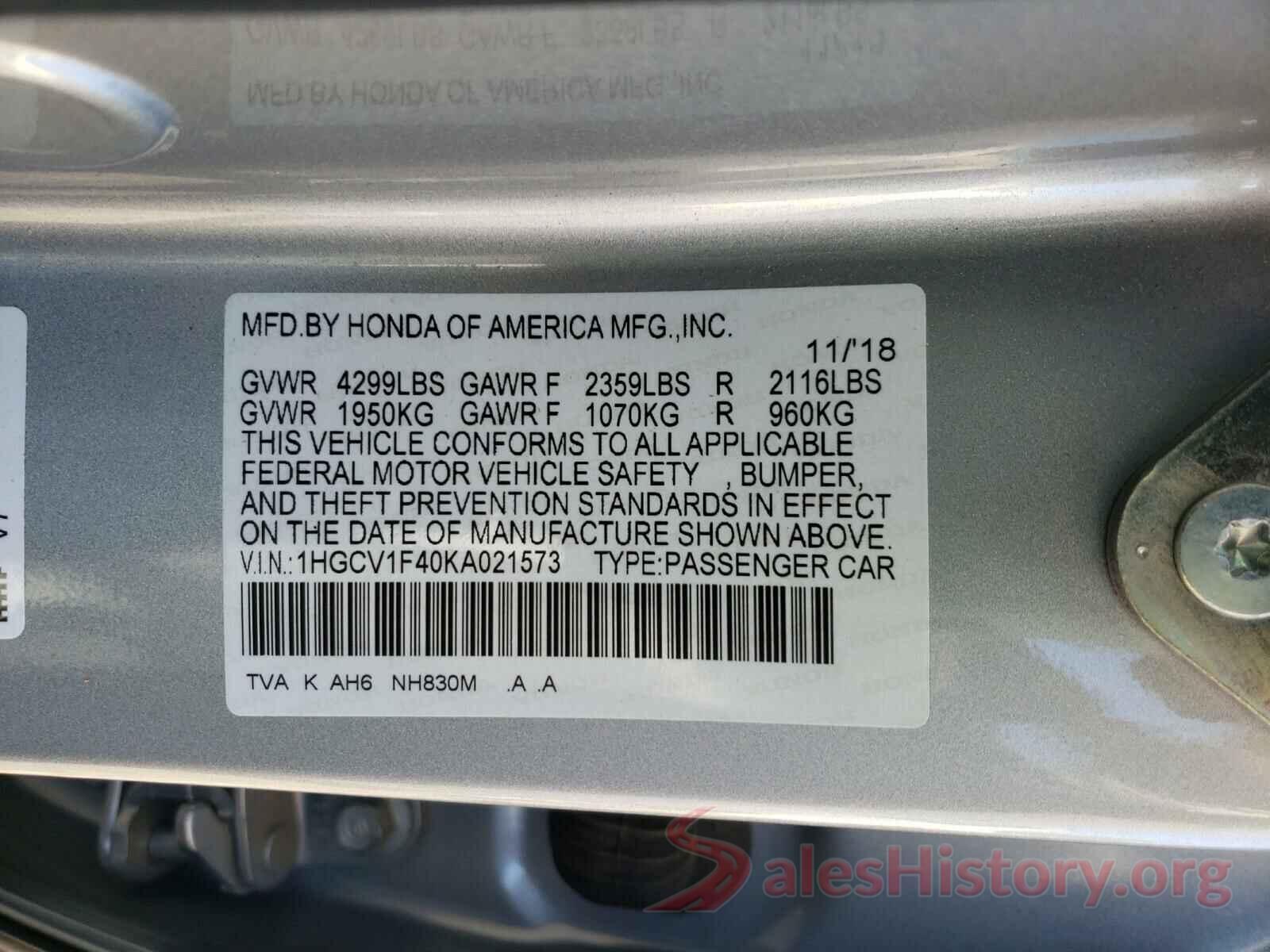 1HGCV1F40KA021573 2019 HONDA ACCORD