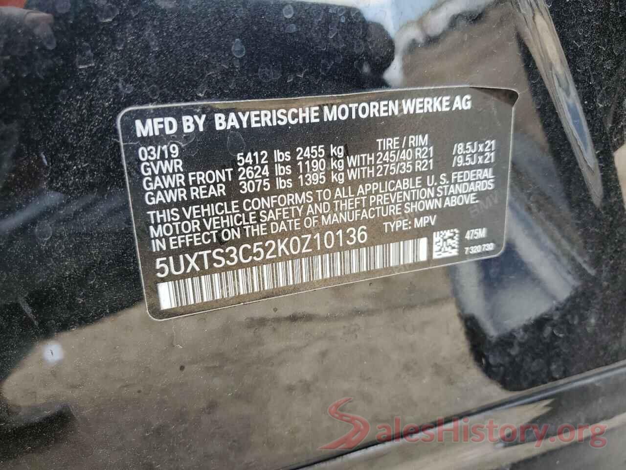 5UXTS3C52K0Z10136 2019 BMW X3