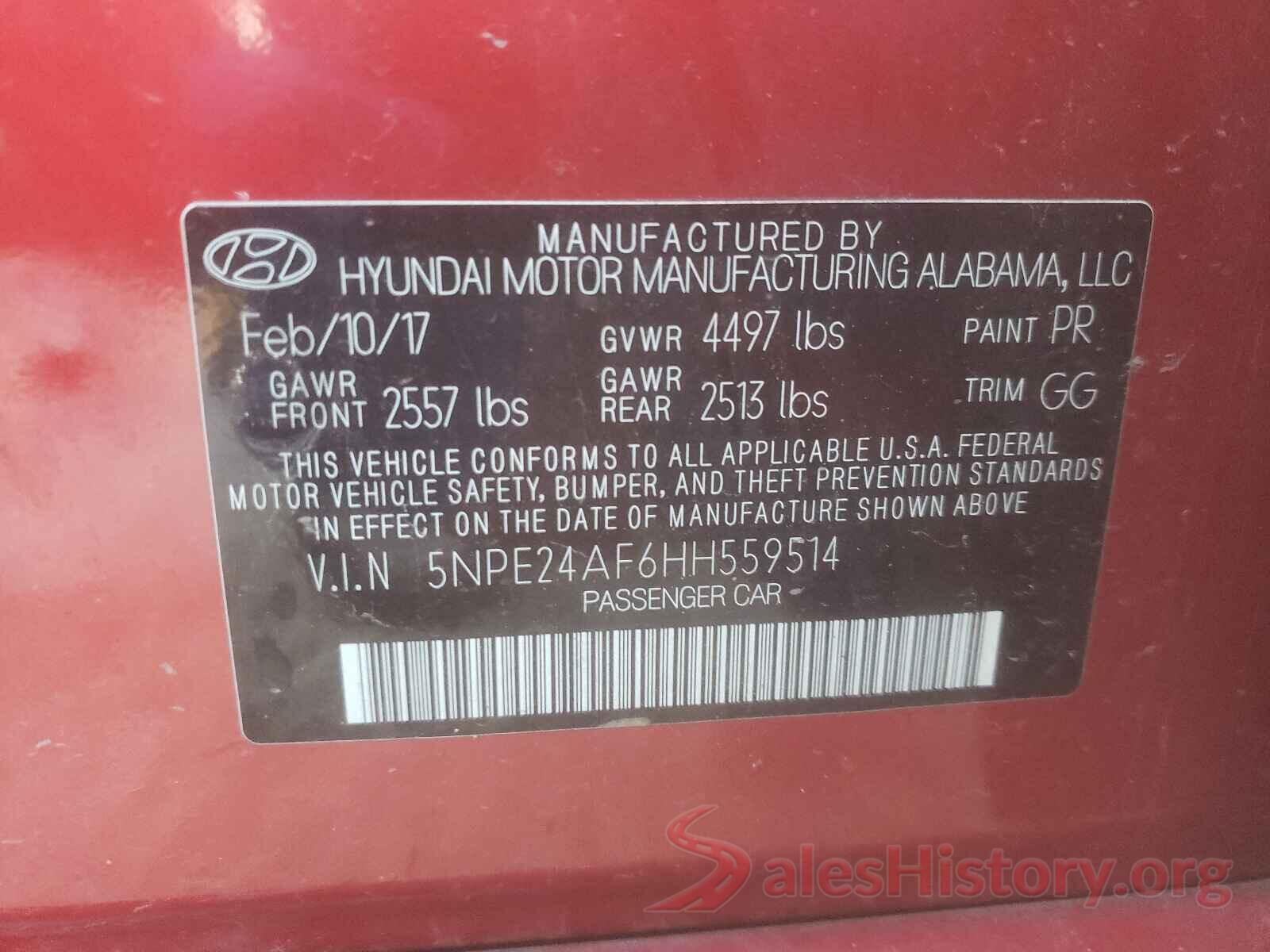 5NPE24AF6HH559514 2017 HYUNDAI SONATA