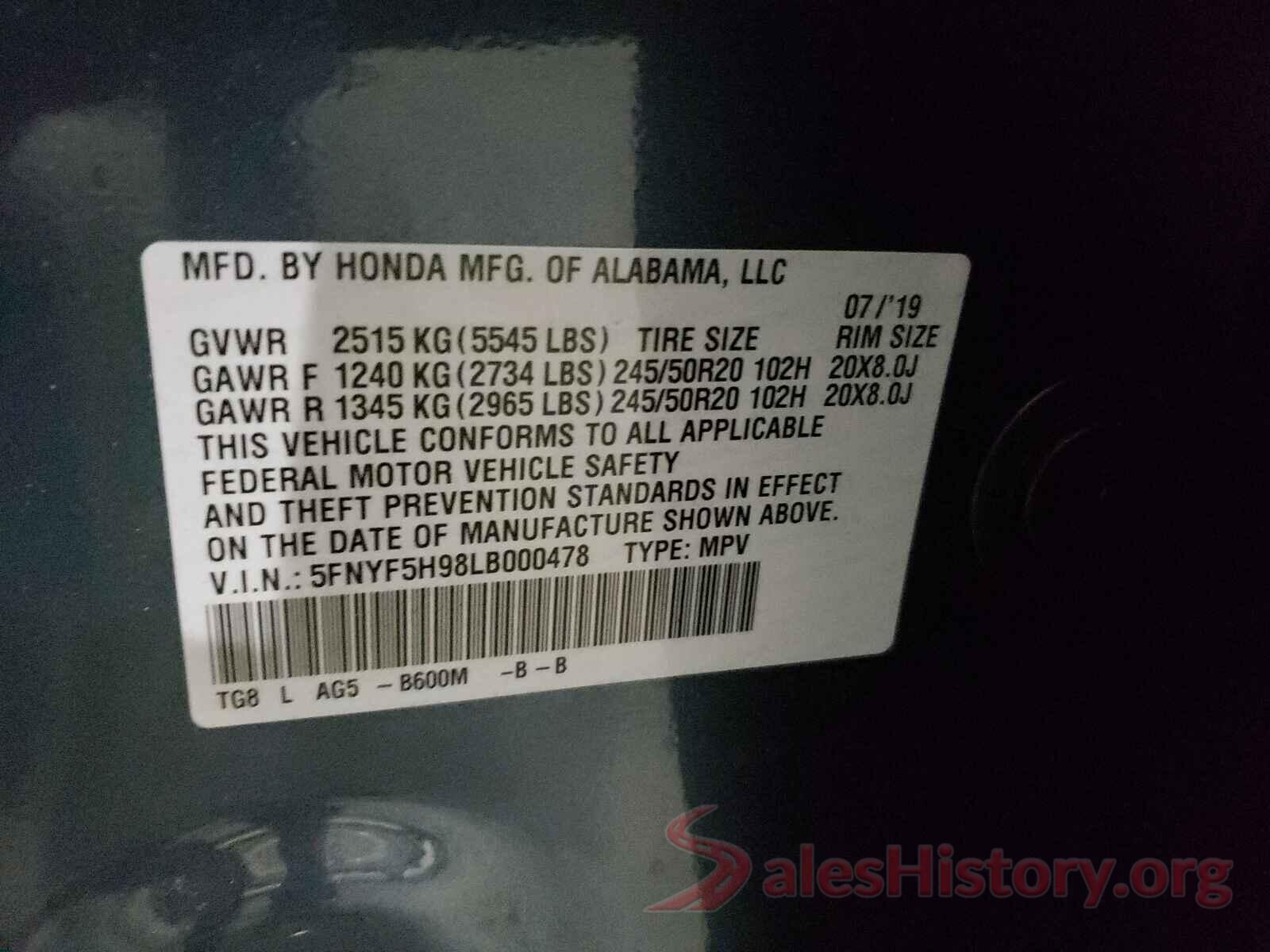 5FNYF5H98LB000478 2020 HONDA PILOT