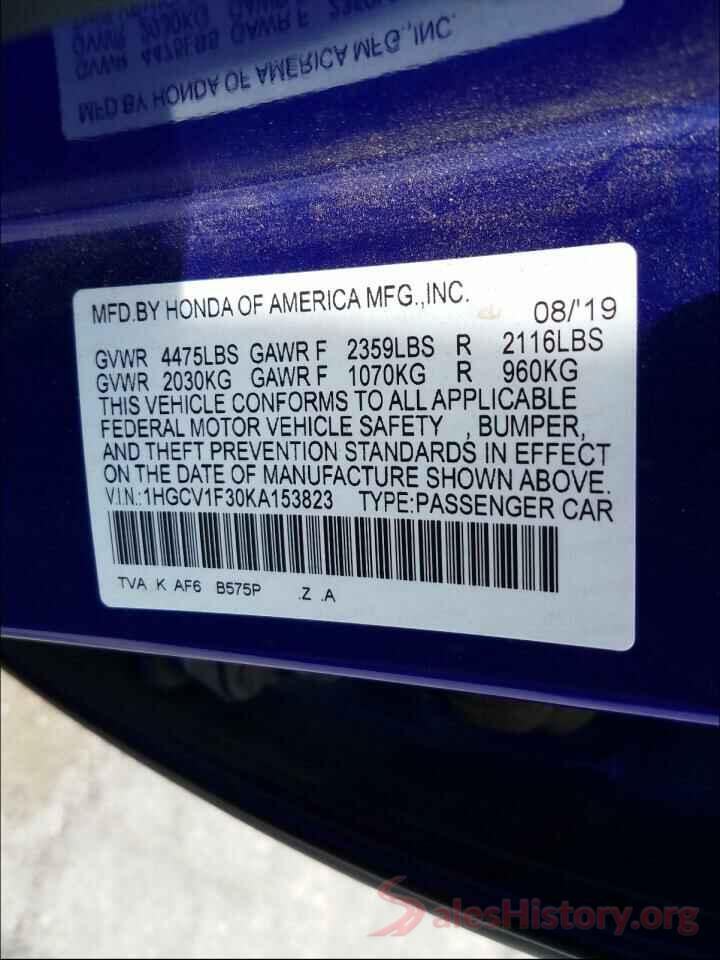 1HGCV1F30KA153823 2019 HONDA ACCORD