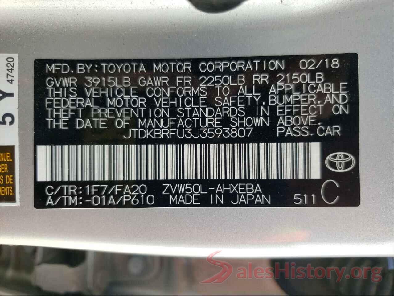 JTDKBRFU3J3593807 2018 TOYOTA PRIUS